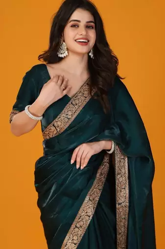 Teal embellished satin saree