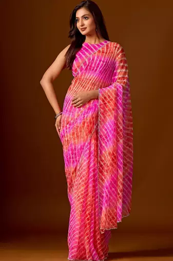 Multicolor leheriya beads and stones  chiffon saree