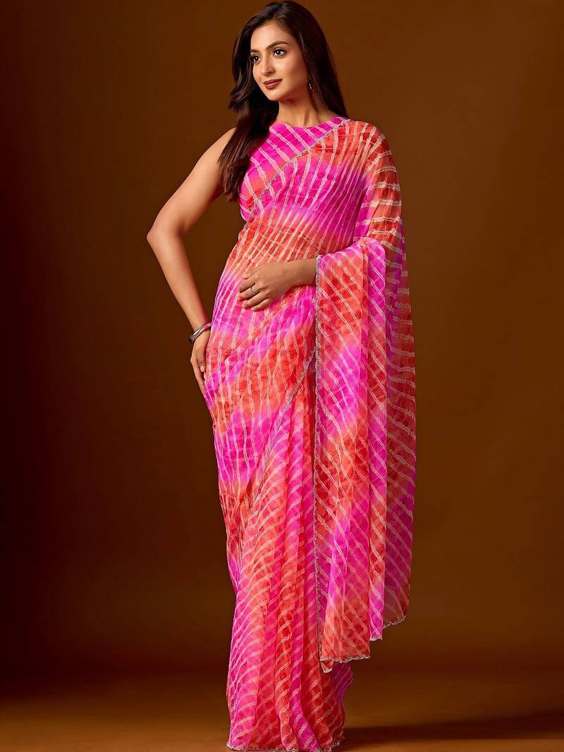 Multicolor leheriya beads and stones  chiffon saree