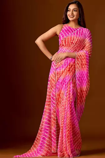 Multicolor leheriya beads and stones  chiffon saree