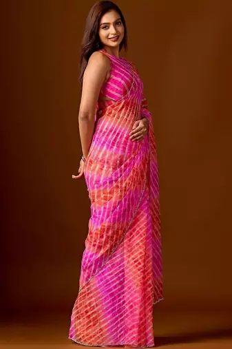 Multicolor leheriya beads and stones  chiffon saree