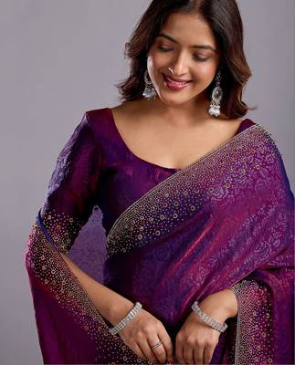 Purple woven design beads and stones organza heavy work saree 1