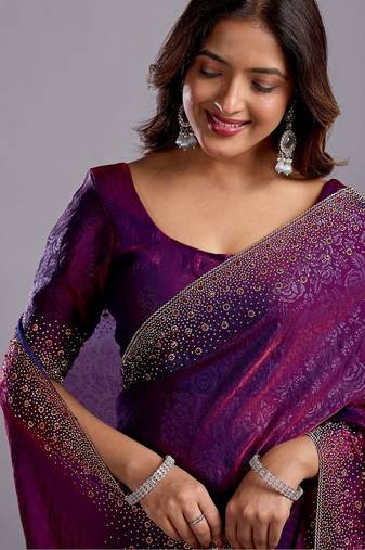Purple woven design beads and stones organza heavy work saree