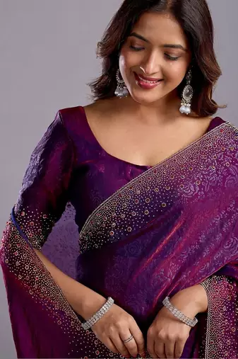 Purple woven design beads and stones organza heavy work saree