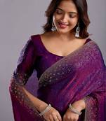 Purple woven design beads and stones organza heavy work saree
