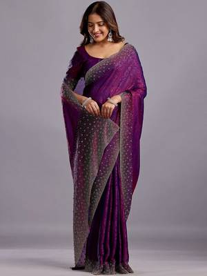 Purple woven design beads and stones organza heavy work saree 2