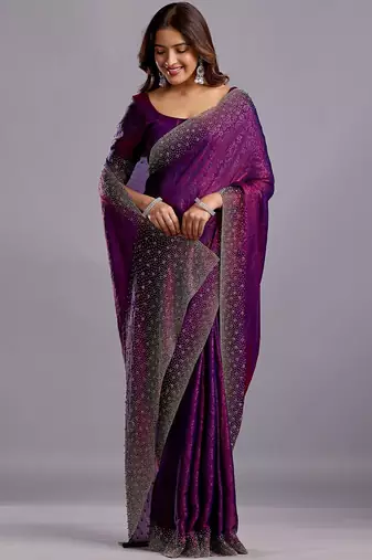 Purple woven design beads and stones organza heavy work saree