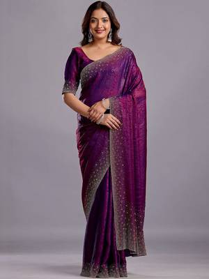 Purple woven design beads and stones organza heavy work saree 3
