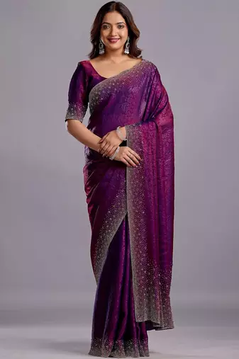 Purple woven design beads and stones organza heavy work saree