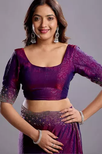 Purple woven design beads and stones organza heavy work saree