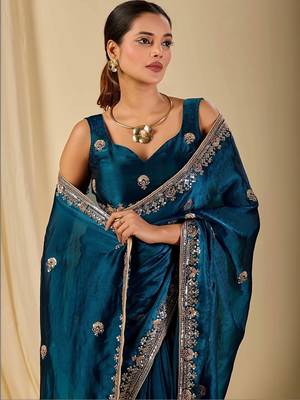 Teal floral sequinned organza saree 2