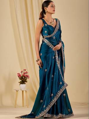 Teal floral sequinned organza saree 3
