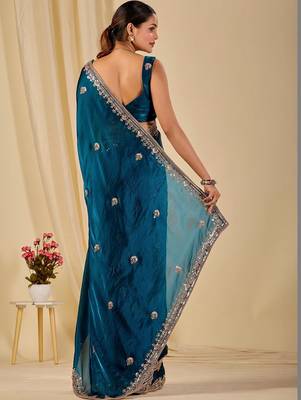Teal floral sequinned organza saree 5