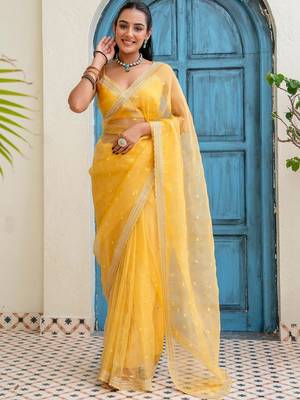 Yellow floral beads and stones tissue saree 1