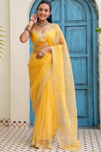 Yellow floral beads and stones tissue saree
