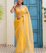 Yellow floral beads and stones tissue saree