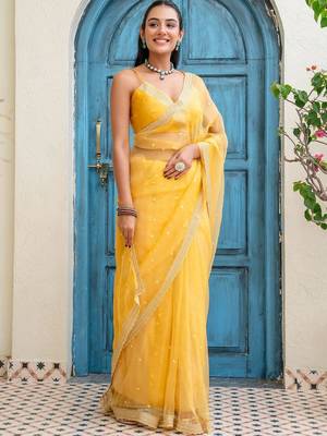 Yellow floral beads and stones tissue saree 2