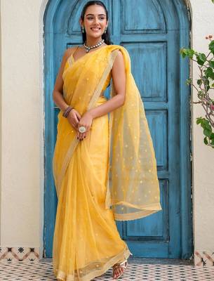 Yellow floral beads and stones tissue saree 3