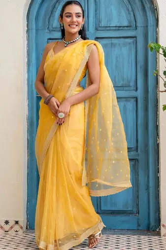 Yellow floral beads and stones tissue saree