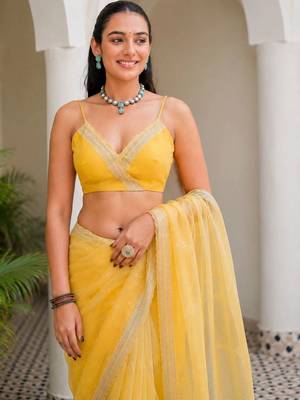 Yellow floral beads and stones tissue saree 4