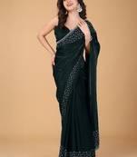 Green stonework embellished beads border saree with unstitched blouse
