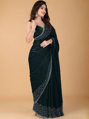 Green stonework embellished beads border saree with unstitched blouse 3