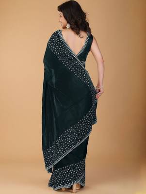 Green stonework embellished beads border saree with unstitched blouse 4