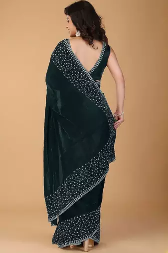 Green stonework embellished beads border saree with unstitched blouse