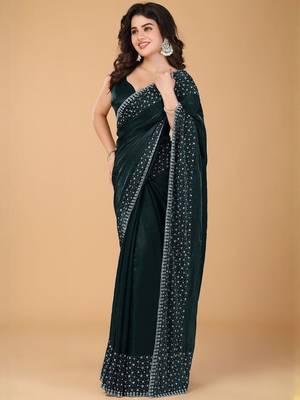 Green stonework embellished beads border saree with unstitched blouse 5