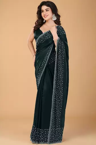 Green stonework embellished beads border saree with unstitched blouse
