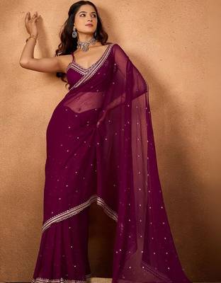 Purple floral embroidered  chiffon saree 1