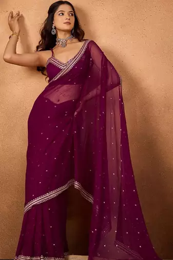 Purple floral embroidered  chiffon saree