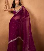 Purple floral embroidered  chiffon saree