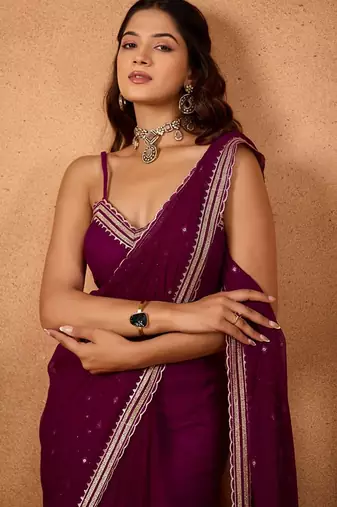 Purple floral embroidered  chiffon saree