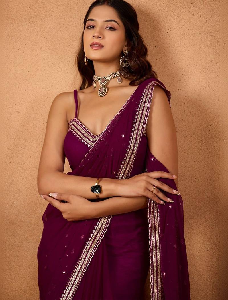 Purple floral embroidered  chiffon saree