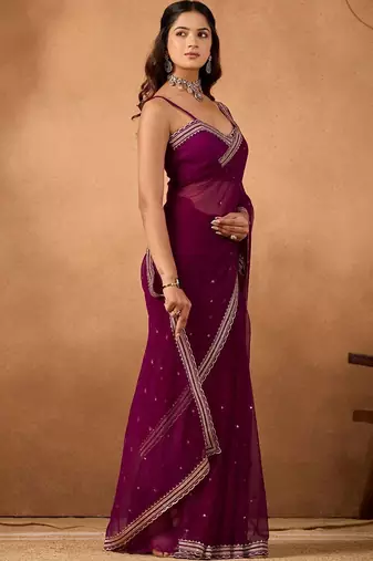 Purple floral embroidered  chiffon saree