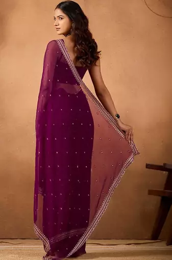 Purple floral embroidered  chiffon saree
