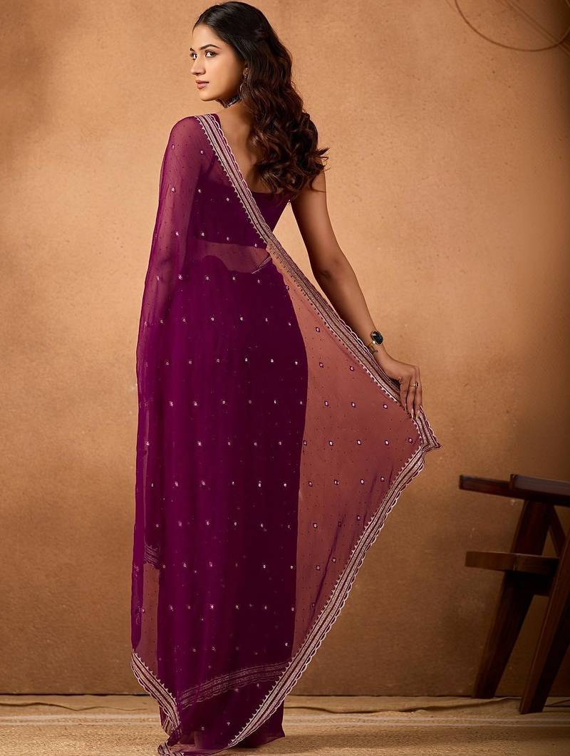 Purple floral embroidered  chiffon saree