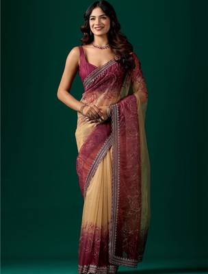 Maroon floral beads and stones tissue saree 1
