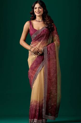 Maroon floral beads and stones tissue saree