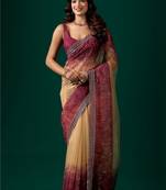 Maroon floral beads and stones tissue saree