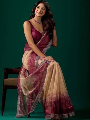 Maroon floral beads and stones tissue saree 2