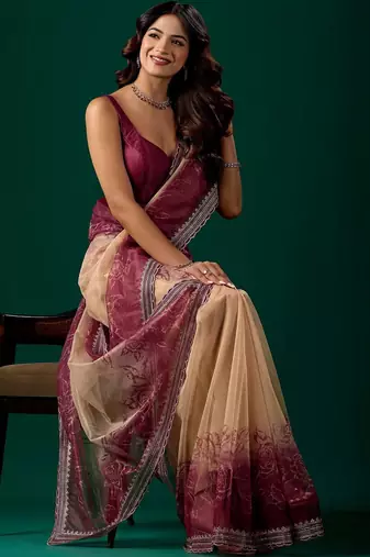 Maroon floral beads and stones tissue saree