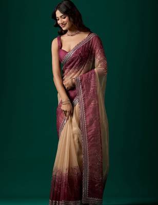 Maroon floral beads and stones tissue saree 3