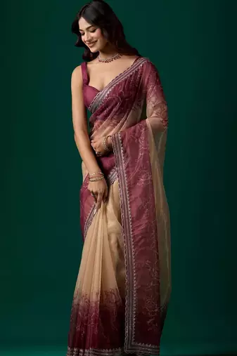 Maroon floral beads and stones tissue saree