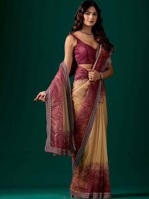 Maroon floral beads and stones tissue saree 4