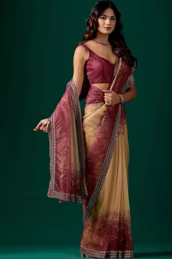 Maroon floral beads and stones tissue saree