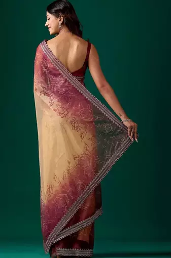 Maroon floral beads and stones tissue saree