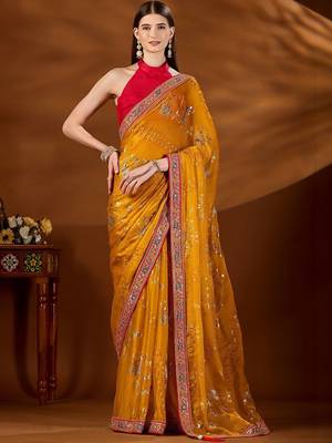Yellow bandhani beads and stones organza saree 1