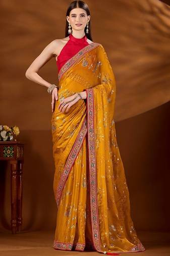Yellow bandhani beads and stones organza saree
